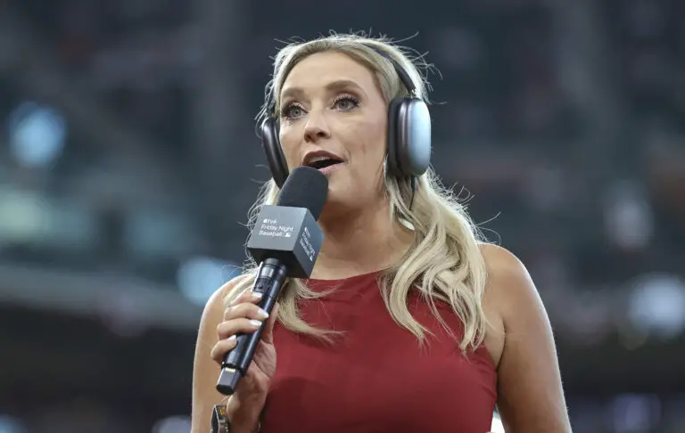 Mar 29, 2024; Houston, Texas, USA; Broadcaster Tricia Whitaker of Apple TV on the field before the game between the Houston Astros and the New York Yankees at Minute Maid Park. Mandatory Credit: Troy Taormina-Imagn Images