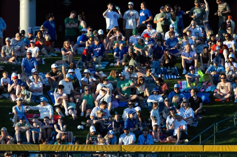 Mar 17, 2026; Mesa, Arizona, USA; General view of fans in the crowd in the outfield grass lawn seating area during the Chicago Cubs spring training against the Los Angeles Angels at Sloan Park. Mandatory Credit: Mark J. Rebilas-Imagn Images